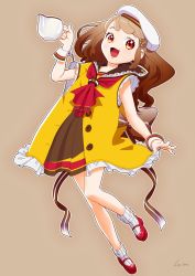 Rule 34 | 1girl, bad id, bad pixiv id, brown hair, cojibou, cup, dress, full body, hair ornament, hairclip, happy, hat, long hair, mary janes, open mouth, orange eyes, original, shoes, simple background, solo, yukico-tan, yukijirushi