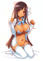 Rule 34 | 1girl, bad id, bad pixiv id, black hair, blush, bow, bowtie, bra, breasts, bunbun, cleavage, dark-skinned female, dark skin, groin, hair bow, huge breasts, long hair, looking at viewer, navel, no pants, open clothes, open shirt, original, panties, parted lips, red eyes, seiza, shirt, side-tie panties, sidelocks, simple background, sitting, sleeves past wrists, solo, string panties, thighhighs, underwear, untied, very long hair, wariza, white background, white thighhighs