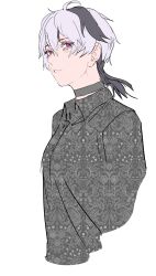 Rule 34 | 1girl, absurdres, ahoge, androgynous, black choker, black hair, choker, commentary, cropped torso, flower (gynoid talk), flower (vocaloid), from side, grey hair, grey shirt, gynoid talk, half-closed eyes, highres, looking at viewer, looking to the side, mashima jirou, medium hair, multicolored hair, parted lips, patterned clothing, purple eyes, shirt, simple background, solo, streaked hair, unmoving pattern, vocaloid, white background
