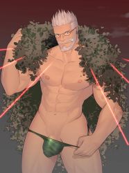 Rule 34 | abs, bara, beard, closed mouth, coat, earrings, facial hair, fate/grand order, fate (series), glasses, highres, hunterkay, jacket, jacket on shoulders, jewelry, large pectorals, laser, male focus, male underwear, male underwear pull, manly, muscular, navel, nipples, pectorals, penis, penis peek, silver hair, smoking, solo, topless male, underwear, william tell (fate)