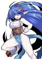 Rule 34 | 00s, blue eyes, blue hair, breasts, celsius (tales), fighting stance, highres, ice, large breasts, pale skin, pointy ears, rei shabu, sash, tales of (series), tales of eternia