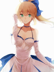 Rule 34 | 1girl, aa386993338, ahoge, artoria pendragon (all), artoria pendragon (fate), bad id, bad pixiv id, bare shoulders, blonde hair, bow, breasts, cleavage, dress, elbow gloves, fate/stay night, fate/unlimited codes, fate (series), gloves, green eyes, hair bow, long hair, official alternate costume, official alternate hairstyle, ponytail, saber (fate), saber (pure night dress) (fate), saber lily, smile, solo