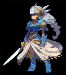 Rule 34 | 1girl, armor, armored boots, armored dress, blue armor, blue eyes, boots, braid, chibi, helmet, lenneth valkyrie, low-braided long hair, low-tied long hair, niking, shoulder armor, sword, valkyrie, valkyrie profile (series), weapon, winged helmet