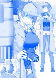 Rule 34 | 1boy, 4girls, blue theme, breasts, camera, character request, closed mouth, coat, commentary, detective, full body, getsuyoubi no tawawa, hair between eyes, hat, highres, himura kiseki, holding, holding camera, large breasts, long sleeves, looking at viewer, monochrome, multiple girls, multiple views, open clothes, open coat, pants, shirt, short hair, standing, sweater vest, taking picture, voyeurism