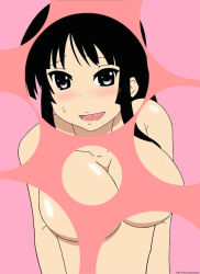 Rule 34 | 00s, 1girl, akiyama mio, black eyes, black hair, blush, breasts, bubble filter, censored, convenient censoring, highres, k-on!, large breasts, long hair, looking at viewer, censored nipples, nude, open mouth, pink background, simple background, smile, solo, sweatdrop, upper body, ura basi2