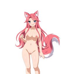 Rule 34 | 1girl, animal ears, blue eyes, blush, breasts, cleft of venus, collarbone, embarrassed, fox ears, fox girl, fox tail, game cg, gluteal fold, groin, highres, large breasts, legs, long hair, looking at viewer, nipples, nude, out of frame, pink hair, pussy, sakura dungeon, shiny skin, smile, solo, standing, tagme, tail, thighs, third-party edit, uncensored, wanaca, white background, yomi (sakura dungeon)