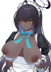 Rule 34 | 1girl, absurdres, ahoge, black hair, blue archive, breast hold, breasts, breasts out, closed mouth, commentary request, dark-skinned female, dark nipples, dark skin, gloves, halo, highres, karin (blue archive), large breasts, long hair, looking at viewer, nipples, sagging breasts, short sleeves, simple background, solo, white background, white gloves, yanyo (ogino atsuki), yellow eyes