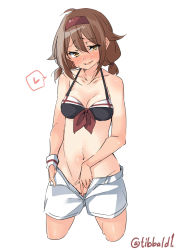 Rule 34 | 10s, 1girl, bare arms, bare shoulders, blush, breasts, brown eyes, brown hair, cleavage, covering privates, covering crotch, cowboy shot, cropped legs, ebifurya, front-tie top, groin, hair between eyes, hair flaps, hairband, halterneck, heart, highres, kantai collection, looking at viewer, low twintails, medium breasts, navel, no panties, open mouth, red hairband, shiratsuyu (kancolle), short hair, short twintails, shorts, simple background, smile, solo, spoken heart, standing, stomach, sweat, twintails, twitter username, unzipped, white background, white shorts