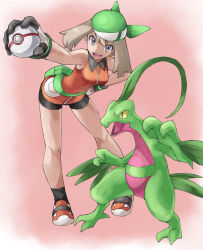 Rule 34 | &gt;:d, 1girl, :d, absurdres, bandana, bare arms, bare legs, bare shoulders, bent over, bike shorts, black legwear, breasts, collared dress, creatures (company), dress, eyes visible through hair, fanny pack, female focus, full body, game freak, gen 3 pokemon, gloves, green bandanna, grey eyes, grovyle, hand on own hip, highres, holding, holding poke ball, legs, legs apart, light brown hair, looking at viewer, may (pokemon), may (pokemon emerald), medium breasts, multicolored clothes, multicolored gloves, nintendo, open mouth, orange dress, orange footwear, outstretched arm, pink background, poke ball, pokemon, pokemon (creature), pokemon emerald, pokemon rse, premier ball, pretty-purin720, round teeth, shoes, short dress, short hair, sleeveless, sleeveless dress, smile, sneakers, socks, standing, teeth, upper teeth only