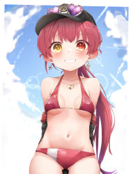 Rule 34 | 1girl, absurdres, aged down, bikini, blush, breasts, hair ribbon, hat, heterochromia, highres, hololive, houshou marine, houshou marine (summer), large breasts, long hair, looking at viewer, open mouth, pepushi drow, ponytail, red eyes, red hair, ribbon, smile, solo, swimsuit, virtual youtuber, yellow eyes