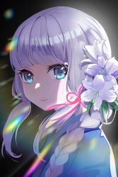 Rule 34 | 1girl, ayaka (genshin impact), blue eyes, blue kimono, braid, commentary request, flower, gaoyang ou nisang, genshin impact, grey hair, hair flower, hair ornament, hair over shoulder, highres, japanese clothes, kimono, long hair, looking at viewer, single braid, solo, upper body, white flower