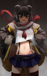 Rule 34 | 1girl, absurdres, animal ears, arknights, bear ears, bear girl, black hair, blue sailor collar, blue skirt, blush, bright pupils, brown jacket, cowboy shot, cropped shirt, fang, gradient background, grey background, grey scarf, hair ornament, hands on own hips, highres, jacket, leto (arknights), long sleeves, midriff, multicolored hair, navel, necktie, open clothes, open jacket, open mouth, pleated skirt, red eyes, red necktie, red ribbon, red thighhighs, ribbon, sailor collar, scarf, school uniform, serafuku, shirt, short hair, simple background, skin fang, skirt, solo, streaked hair, thighhighs, white hair, white pupils, white shirt, x hair ornament, xuxinqi
