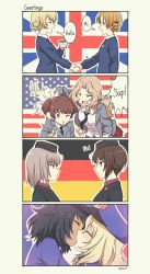 Rule 34 | 10s, 6+girls, alisa (girls und panzer), american flag, andou (girls und panzer), black bow, black hat, black neckwear, blonde hair, blouse, blue eyes, blue hat, blush, bow, braid, brown eyes, brown hair, character request, closed eyes, closed mouth, comic, commentary, cup, darjeeling (girls und panzer), dark-skinned female, dark skin, diamond mouth, english text, facing another, french flag, from side, garrison cap, german flag, girls und panzer, green eyes, hair bow, hair intakes, handshake, hat, highres, holding, holding cup, itsumi erika, kay (girls und panzer), kiss, long hair, looking at viewer, looking away, multiple girls, nishizumi maho, one eye closed, open mouth, orange pekoe (girls und panzer), oshida (girls und panzer), pas (paxiti), red shirt, shirt, short hair, short twintails, smile, speech bubble, teacup, twin braids, twintails, union jack, v-neck, v-shaped eyebrows, white shirt, yuri