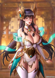 Rule 34 | 1girl, absurdres, arms at sides, bare shoulders, black hair, blue eyes, blurry, blush, boots, braid, breasts, choker, cleavage, collarbone, contrapposto, cowboy shot, curvy, depth of field, detached sleeves, divine sword irelia, dress, earrings, facing viewer, fantasy, french braid, gem, gold, hair between eyes, halter dress, halterneck, headgear, highres, irelia, jewelry, large breasts, league of legends, legs together, light particles, lips, long hair, long sleeves, looking at viewer, lowleg, lowleg panties, nail polish, narrow waist, no bra, nose blush, panties, pantyshot, parted lips, pelvic curtain, revealing clothes, roborobocap, sash, see-through, shiny skin, side braid, skindentation, solo, standing, string panties, thigh boots, thighhighs, thighs, twin braids, twitter username, underwear, very long hair, white choker, white dress, white footwear, white nails, white panties, white sleeves, white thighhighs
