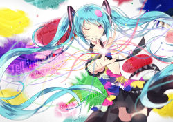 Rule 34 | 1girl, bare shoulders, black thighhighs, blurry, domotolain, green hair, grin, hatsune miku, headset, long hair, nail polish, one eye closed, pink eyes, pointing, smile, solo, tell your world (vocaloid), thighhighs, twintails, vocaloid, wink