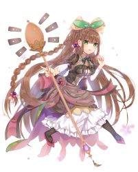 Rule 34 | 1girl, :d, bad id, bad pixiv id, black pantyhose, blush, braid, breasts, brown dress, brown hair, commentary request, detached sleeves, dress, fingernails, food fantasy, frills, full body, green eyes, green ribbon, hair between eyes, hair ornament, hair ribbon, highres, holding, holding spoon, layered sleeves, long hair, long sleeves, medium breasts, mole, mole under eye, open mouth, oversized object, pantyhose, puffy short sleeves, puffy sleeves, red footwear, ribbon, shikino (sikinonono), shoes, short over long sleeves, short sleeves, side braid, single braid, smile, solo, spoon, tiramisu (food fantasy), very long hair