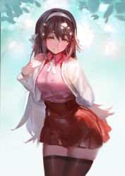Rule 34 | 10s, 1girl, adapted costume, brown eyes, brown hair, brown thighhighs, casual, cowboy shot, gradient background, hairband, haruna (kancolle), jacket, kantai collection, kishiyo, long hair, long sleeves, looking at viewer, md5 mismatch, open clothes, open jacket, pantyhose, resolution mismatch, shirt, skirt, smile, solo, thighhighs, very long hair, zettai ryouiki