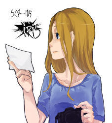 Rule 34 | 1girl, bad id, bad pixiv id, blonde hair, blue eyes, camera, character name, coffinkun, long hair, photo (object), scp-105, scp foundation, simple background, single-lens reflex camera, solo, white background