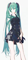 Rule 34 | alternate costume, aqua eyes, aqua hair, bare arms, bare legs, bare shoulders, black dress, buttons, commentary, dress, feet out of frame, grey background, hair between eyes, hair ornament, hair over shoulder, halter dress, halterneck, hatsune miku, highres, long hair, looking at viewer, miyu (shiyemiyu), parted lips, simple background, standing, twintails, very long hair, vocaloid