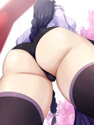 Rule 34 | 1girl, ass, ass focus, black panties, braid, from behind, from below, genshin impact, hair ornament, highres, japanese clothes, kimono, long hair, long sleeves, low-braided long hair, low-tied long hair, panties, purple hair, purple kimono, raiden shogun, sana!rpg, solo, thighhighs, thighs, underwear