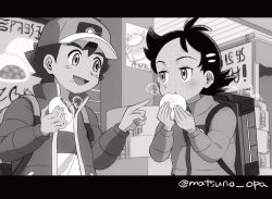 Rule 34 | 2boys, :d, antenna hair, artist name, ash ketchum, backpack, bag, baseball cap, commentary request, creatures (company), eating, eyelashes, food, food on face, game freak, goh (pokemon), greyscale, hair ornament, hands up, hat, holding, jacket, long sleeves, male focus, matsuno opa, monochrome, multiple boys, nintendo, open clothes, open jacket, open mouth, pointing, pokemon, pokemon (anime), pokemon journeys, shirt, short hair, smile, t-shirt, tongue