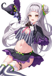 Rule 34 | 1girl, arched bangs, black gloves, black hat, breasts, capelet, cleavage, cropped shirt, gloves, grey hair, grey shirt, grey thighhighs, hair bun, hat, highres, hololive, kag tsukimi, long hair, looking at viewer, murasaki shion, murasaki shion (1st costume), navel, own fingers together, purple capelet, purple skirt, shirt, short hair, single hair bun, skirt, small breasts, smile, solo, striped clothes, striped shirt, striped thighhighs, thighhighs, vertical-striped clothes, vertical-striped shirt, vertical-striped thighhighs, virtual youtuber, white background, witch hat, yellow eyes