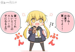 Rule 34 | 1girl, armband, black sailor collar, black skirt, black thighhighs, blonde hair, blue jacket, chibi, commentary request, crescent, crescent pin, full body, goma (yoku yatta hou jane), jacket, kantai collection, long hair, low twintails, neckerchief, open mouth, pillow, sailor collar, satsuki (kancolle), satsuki kai ni (kancolle), simple background, skirt, solo, standing, stuffed animal, stuffed toy, teddy bear, thighhighs, translation request, twintails, twitter username, wavy mouth, white background, yellow eyes, yellow neckerchief