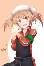 Rule 34 | 1girl, alternate costume, apron, armband, bandana, black apron, brown eyes, commentary request, cowboy shot, green armband, highres, jacket, kamijou sadame, kantai collection, light brown hair, looking at viewer, michishio (kancolle), one-hour drawing challenge, pants, red jacket, red pants, solo, track jacket, track pants, track suit, twitter username, two-tone background