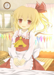 Rule 34 | 1girl, absurdres, apron, blonde hair, blush, bunchou (bunchou3103), female focus, flandre scarlet, highres, jewelry, no headwear, no headwear, open mouth, red eyes, revision, ring, side ponytail, smile, solo, touhou, wedding band, wings
