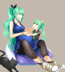 Rule 34 | 2girls, aged down, bracelet, cat, dress, green eyes, green hair, hatsune miku, jewelry, long hair, mature female, multiple girls, necktie, open mouth, ponytail, pregnant, shoes, simple background, sitting, sneakers, twintails, very long hair, vocaloid, yuki tarou