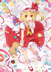 Rule 34 | 1girl, 6u (eternal land), ascot, bad id, bad pixiv id, blonde hair, bow, candy, doughnut, dress, eating, flandre scarlet, food, hat, hat bow, lollipop, looking at viewer, mary janes, mob cap, puffy short sleeves, puffy sleeves, red dress, red eyes, ribbon, sash, shirt, shoes, short sleeves, side ponytail, smile, solo, stuffed animal, stuffed toy, teddy bear, touhou, wings, wrist cuffs