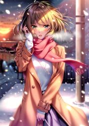 Rule 34 | 1girl, :o, absurdres, bag, blonde hair, blue eyes, blurry, blurry background, blush, breath, brown coat, coat, cowboy shot, depth of field, green eyes, hair intakes, hand up, heterochromia, highres, holding, holding bag, idolmaster, idolmaster cinderella girls, jewelry, long coat, long sleeves, looking at viewer, mole, mole under eye, necklace, open clothes, open coat, open mouth, pink scarf, piromizu, railing, scan, scarf, shirt tucked in, short hair, sidelocks, sleeves past wrists, snowing, solo, standing, sweater, takagaki kaede, teeth, utility pole, white sweater, wind, winter, winter clothes