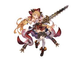 Rule 34 | &gt;:), 10s, 1girl, ankle boots, bare shoulders, black footwear, blonde hair, blue eyes, boots, breasts, chainsaw, crazy eyes, crazy smile, cross-laced footwear, draph, empty eyes, full body, granblue fantasy, grin, hair ornament, hairclip, hallessena, hat, holding, horns, knees together feet apart, lace-up boots, long hair, looking at viewer, low twintails, medium breasts, minaba hideo, miniskirt, official art, over-kneehighs, plaid, plaid skirt, pointy ears, red skirt, skirt, smile, solo, thighhighs, transparent background, twintails, underboob, underbust, uneven eyes, v-shaped eyebrows, white thighhighs