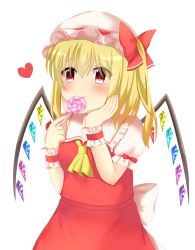 Rule 34 | 1girl, arms up, ascot, blonde hair, blush, candy, commentary request, eating, flandre scarlet, food, hair between eyes, hand on own cheek, hand on own face, hat, hat ribbon, heart, holding, holding candy, holding food, holding lollipop, lollipop, looking at viewer, mob cap, one side up, puffy short sleeves, puffy sleeves, red eyes, red skirt, red vest, ribbon, shirt, short hair, short sleeves, simple background, skirt, skirt set, smile, solo, standing, swirl lollipop, touhou, upper body, vest, white background, white hat, white shirt, wings, wrist cuffs, yellow ascot, yukina kurosaki