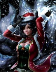 Rule 34 | 1girl, ahri (league of legends), animal ears, bell, black gloves, black hair, breasts, choker, christmas, cleavage, facial mark, fox ears, fox tail, fur trim, gloves, jacket, large breasts, league of legends, lipstick, long hair, makeup, multiple tails, naivasha, snowing, solo, tail, whisker markings, yellow eyes