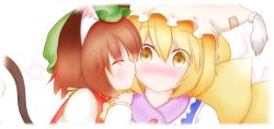 Rule 34 | 2girls, :o, animal ears, blonde hair, blush, brown hair, cat ears, cat tail, chen, closed eyes, fox tail, hand on another&#039;s shoulder, hat, hat with ears, kiss, kissing cheek, long sleeves, looking at viewer, mob cap, multiple girls, multiple tails, profile, red vest, short hair, simple background, star (symbol), surprised, tail, tassel, touhou, upper body, uru (uru0301), vest, white background, wide-eyed, yakumo ran, yellow eyes