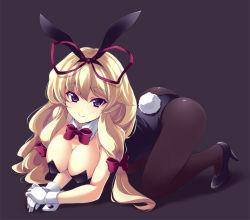 Rule 34 | 1girl, all fours, animal ears, ass, blonde hair, bow, bowtie, breasts, rabbit ears, rabbit tail, playboy bunny, cleavage, female focus, gloves, hair bow, high heels, large breasts, long hair, pantyhose, purple eyes, shoes, smile, solo, tail, tooya, touhou, touya (the-moon), white gloves, wrist cuffs, yakumo yukari