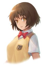 Rule 34 | 1girl, blush, bow, bowtie, brown eyes, brown hair, collared shirt, commentary request, cropped torso, dress shirt, highres, kaminagi ryouko, looking at viewer, parted lips, ranma (kamenrideroz), red bow, red bowtie, school uniform, shirt, short hair, sideways glance, simple background, smile, solo, sweater, sweater vest, upper body, white background, white shirt, wing collar, yellow sweater, zegapain