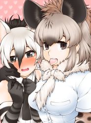 Rule 34 | 2girls, aardwolf (kemono friends), aardwolf print, animal ears, arm around neck, bare shoulders, black eyes, black hair, black necktie, blush, breast pocket, breast press, breasts, brown hair, collarbone, couple, dress shirt, elbow gloves, extra ears, flustered, food, food in mouth, fur collar, gloves, grey eyes, grey hair, hair between eyes, hand on another&#039;s chest, hands up, heart, heart background, height difference, highres, holding hands, hyena ears, kemono friends, large breasts, light smile, long hair, looking at viewer, looking to the side, morino (morino03), mouth hold, multicolored hair, multiple girls, necktie, nervous smile, nose blush, open mouth, pink background, pocket, print gloves, print shirt, shirt, short sleeves, sidelocks, sleeveless, sleeveless shirt, smile, spotted hyena (kemono friends), taut clothes, taut shirt, teeth hold, two-tone hair, upper body, white shirt, wing collar, yuri