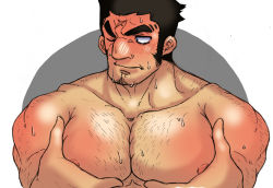 Rule 34 | 1boy, arm hair, bara, blush, cross scar, embarrassed, facial hair, goatee, grabbing, hairy, highres, houzouin oniwaka, k ei3k, large pectorals, long sideburns, looking away, male focus, mature male, muscular, muscular male, nipples, one eye closed, pectoral focus, pectoral grab, pectorals, scar, scar on face, scar on forehead, grabbing own breast, short hair, sideburns, sidepec, solo, stomach, stubble, sweatdrop, thick eyebrows, thick thighs, thighs, tokyo houkago summoners, upper body