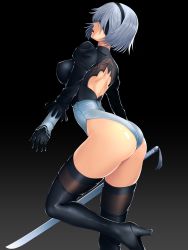 Rule 34 | 1girl, ass, backless dress, backless outfit, black gloves, black thighhighs, blindfold, breasts, cleavage, covered erect nipples, dress, gloves, hairband, high heels, highres, large breasts, leotard, mole, mole under mouth, nier (series), nier:automata, no pants, short hair, skindentation, skirt, solo, taru neko, thighhighs, thighs, white gloves, white hair, 2b (nier:automata)