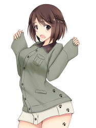 Rule 34 | 1girl, :o, arms up, braid, breast pocket, brown eyes, brown hair, buttons, contrapposto, crown braid, fingernails, gluteal fold, green jacket, grey shirt, highres, isosceles triangle (xyzxyzxyz), jacket, long fingernails, long sleeves, looking at viewer, luminous witches, medium hair, paw print, pocket, shibuya inori, shirt, solo, thighs, world witches series