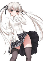 Rule 34 | 1girl, black ribbon, black skirt, black thighhighs, blouse, blush, bottomless, commentary request, cross, cross necklace, grey eyes, groin, hair between eyes, hair ribbon, hand on own face, hand up, highres, jewelry, kasugano sora, layered skirt, leaning back, leaning to the side, long hair, miniskirt, necklace, no panties, open mouth, plaid, plaid skirt, pleated skirt, ribbon, shirt, silver hair, simple background, skirt, solo, thighhighs, twintails, upskirt, very long hair, white background, white shirt, wind, wind lift, yosuga no sora, yuyamino sora