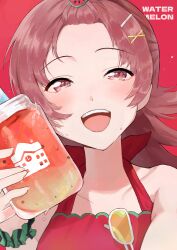 Rule 34 | 1girl, absurdres, apron, bangs pinned back, deibadoo, drink, hair ornament, highres, holding, holding drink, idolmaster, idolmaster shiny colors, komiya kaho, long hair, open mouth, red apron, red eyes, red hair, scrunchie, smile, solo, wrist scrunchie, x hair ornament