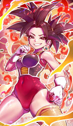 Rule 34 | 1girl, black hair, clenched hands, commentary request, covered navel, dragon ball, dragon ball super, earrings, gloves, gluteal fold, grin, highres, jewelry, kanchiyo, kefla (dragon ball), looking at viewer, one-piece swimsuit, parted bangs, pink one-piece swimsuit, potara earrings, purple eyes, saiyan armor, short hair, single thighhigh, sleeveless, smile, solo, spiked hair, swimsuit, teeth, thick thighs, thighhighs, thighs, white gloves, yellow thighhighs