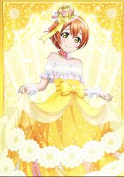 Rule 34 | 1girl, artist name, artist request, bare shoulders, bow, breasts, collarbone, crown, detached collar, dress, dress bow, feathers, female focus, flower, flower dress, frilled dress, frills, green eyes, hair between eyes, highres, holding, holding clothes, holding skirt, hoshizora rin, looking at viewer, love live!, love live! school idol festival, love live! school idol project, mini crown, miniskirt, orange hair, parted lips, pink flower, pink ribbon, plaid, plaid dress, plaid skirt, pleated, pleated dress, pleated skirt, ribbon, short hair, skirt, sleeveless, sleeveless dress, small breasts, smile, solo, strapless, strapless dress, white detached collar, white feathers, white wrist cuffs, wrist cuffs, yellow bow, yellow dress, yellow eyes, yellow skirt