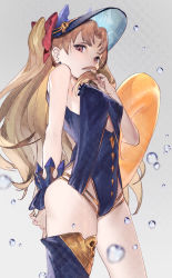 Rule 34 | 1girl, bare shoulders, blonde hair, blue one-piece swimsuit, blue thighhighs, breasts, brown eyes, bubble, ereshkigal (fate), fate/grand order, fate (series), highres, innertube, long hair, looking at viewer, nuda, one-piece swimsuit, parted lips, single thighhigh, solo, swim ring, swimsuit, thighhighs, two side up, visor cap