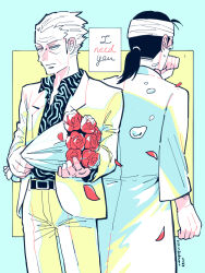 Rule 34 | 2boys, back-to-back, bandaged head, bandages, belt, black belt, black hair, black shirt, blue bag, bouquet, closed mouth, coat, collared shirt, commentary request, cowboy shot, english text, falling petals, flower, gin to kin, hair slicked back, hand to own mouth, highres, hirai ginji, holding, holding bouquet, jacket, long sleeves, low ponytail, male focus, medium hair, morita tetsuo, multiple boys, pants, petals, red flower, red rose, rose, shirt, shirt tucked in, short hair, tears, unknown03162, white coat, white hair, white jacket, white pants