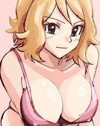 Rule 34 | 1girl, blonde hair, blue eyes, blush, bra, breasts, cleavage, collarbone, covered erect nipples, creatures (company), female focus, game freak, grin, large breasts, looking at viewer, nakaba, nintendo, pink background, pink bra, pokemon, pokemon (anime), pokemon xy, serena (pokemon), short hair, simple background, skindentation, smile, solo, underwear, underwear only, upper body