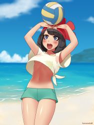 Rule 34 | 1girl, :d, arms up, artist name, bad deviantart id, bad id, ball, beach, beach volleyball, beanie, black hair, blue eyes, blue sky, blush, breasts, commentary, commission, cowboy shot, creatures (company), day, eyelashes, floral print, game freak, green shorts, hat, horizon, kuroonehalf, looking up, navel, nintendo, no bra, ocean, open mouth, outdoors, pokemon, pokemon sm, red hat, round teeth, sand, selene (pokemon), shirt, short hair, short sleeves, shorts, sky, small breasts, smile, solo, standing, stomach, teeth, thigh gap, tied shirt, tsurime, underboob, volleyball (object), water, yellow shirt